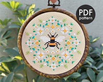 Abeille, Mini, Mandala de fleurs, Point de croix, Motif PDF, Marguerite, Miel, Débutant, Facile, Petit, Minuscule, Moderne