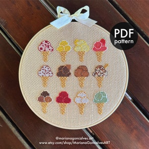 Eiswaffel, Kreuzstich, PDF Muster, Einfach, Anfänger, Lecker, Bunt, Sommersüßigkeit, Mini, Sammlung, Sampler, bezaubernd, handgemachtes Geschenk