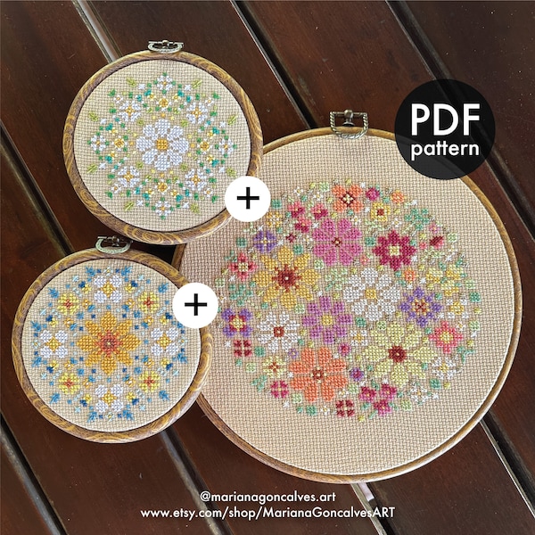 Set of 3 Floral Cross Stitch PDF Patterns, Wildflowers Bouquet, White Daisy, Daisies, Mini Mandala, Modern, Beginner, Easy, Handmade Gift