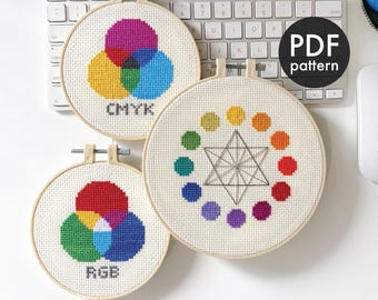 Set di 3 modelli PDF per punto croce, CMYK + RGB + ruota dei colori, Color Geek, pittura, moderno, facile, artista, pittore, acquerello, grafico