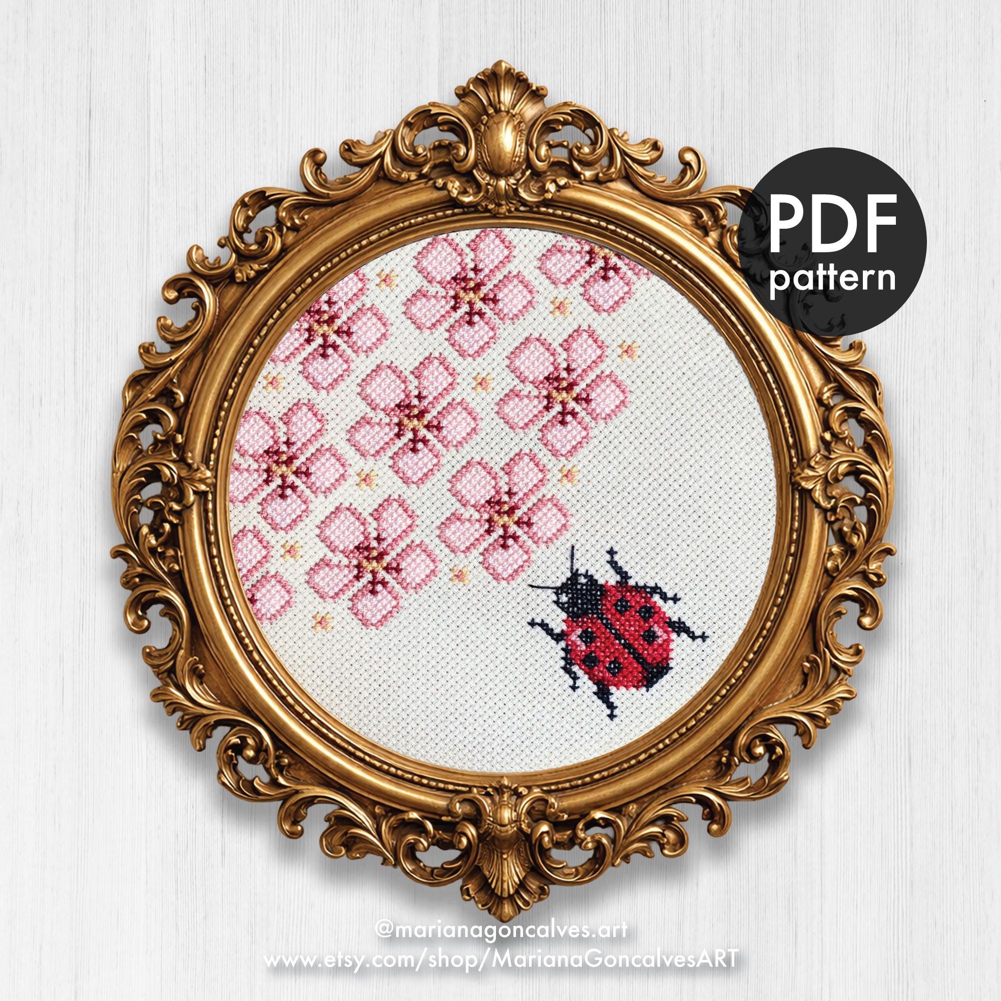 てんとう虫と桜、クロスステッチ、PDFパターン、モダン、簡単、初心者