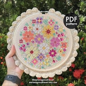 May include: A cross-stitch floral pattern in a round frame. The design features a variety of colorful flowers in shades of pink, purple, yellow, and orange. The frame is beige with a crocheted edge. The text "PDF pattern" is in a black circle.