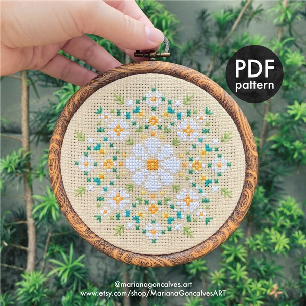 White Daisies, Mini Mandala, Cross Stitch, PDF Pattern, Modern, Beginner, Easy, Small, Tiny, Spring, Ornament