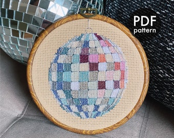 Boule disco, Fête, Moderne, Facile, Débutant, Point de croix, Modèle PDF, Chambre à coucher, Déco, Ados, Boule à facettes, Célébration, Bonne ambiance, Happy, Années 80