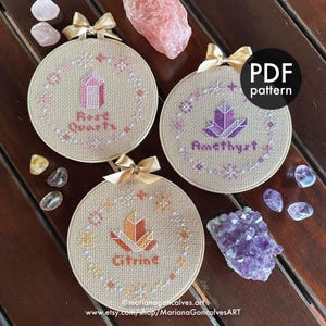 Conjunto de 3 patrones PDF de punto de cruz de cristales, trío, amatista, citrino, cuarzo rosa, mini, moderno, fácil, principiante, geología, místico, mágico