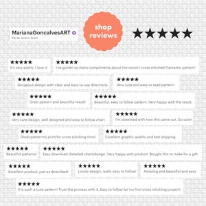 Peut inclure: Image pr&eacute;sentant des avis clients pour MarianaGoncalvesART. Les avis sont en texte blanc sur un fond clair, avec des &eacute;valuations par &eacute;toiles. Un cercle p&ecirc;che avec les mots "shop reviews" est en haut. Le nom et l'emplacement de la boutique sont en haut &agrave; gauche.