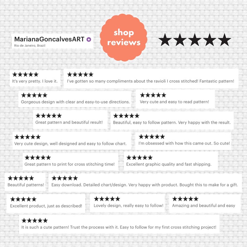Peut inclure: Image pr&eacute;sentant des avis clients pour MarianaGoncalvesART. Les avis sont en texte blanc sur un fond clair, avec des &eacute;valuations par &eacute;toiles. Un cercle p&ecirc;che avec les mots "shop reviews" est en haut. Le nom et l'emplacement de la boutique sont en haut &agrave; gauche.