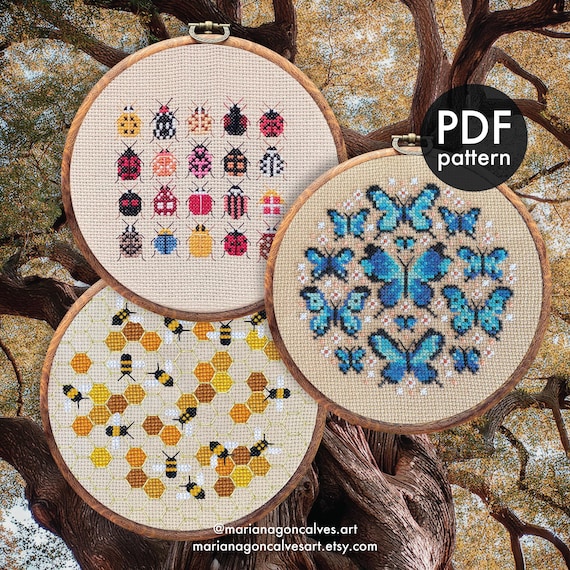 Set of 3 Cross Stitch PDF Patterns, Bee, Honeycomb, Ladybugs, Blue Morpho Butterfly, Sampler, Modern, Easy, Small, Insects, Biology