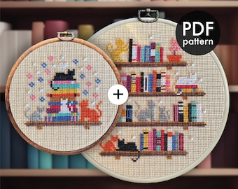 Set of 2 Cross Stitch, PDF Pattern, Cat, Funny, Reader, Book Lover, Bookish, Bookworm, Bookshelf, Cats, Tiny, Mini, Download, Handmade Gift