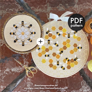 Set of 2 Cross Stitch PDF Patterns, Bee, Mini Mandala, Honeycomb, White Daisy, Honey Bees, Nature, Modern, Geometric, Hexagon, Handmade Gift