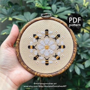 Bee and Daisy, Mini Mandala, Cross Stitch, PDF Pattern, Geometric, Modern, Tiny, Small, Cute, Minimalistic, Bumblebee, Handmade Gift