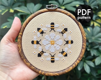 Abeille et marguerite, Mini mandala, Point de croix, Motif PDF, Géométrique, Moderne, Petit, Petit, Minimaliste, Bourdon