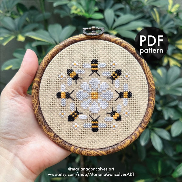Bee and Daisy, Mini Mandala, Cross Stitch, PDF Pattern, Geometric, Modern, Tiny, Small, Cute, Minimalistic, Bumblebee, Handmade Gift