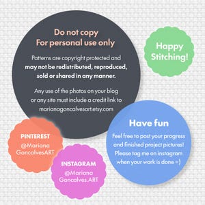 Peut inclure: Image avec du texte : "Ne pas copier, Pour usage personnel uniquement." Comprend les identifiants de r&eacute;seaux sociaux pour Pinterest et Instagram. Comprend &eacute;galement le texte "Happy Stitching!" et "Have fun."