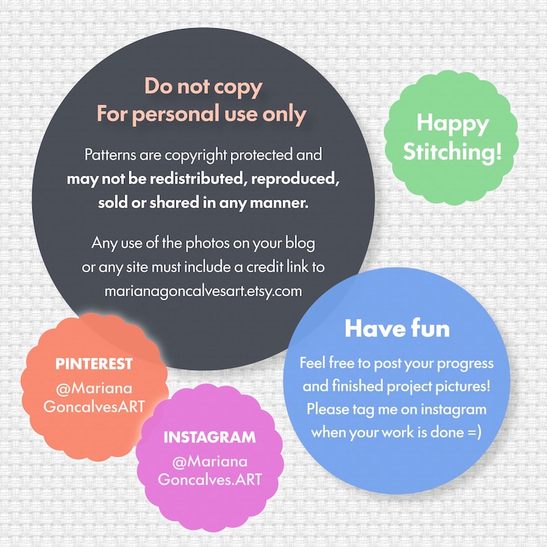 Peut inclure: Image avec du texte : "Ne pas copier, Pour usage personnel uniquement." Comprend les identifiants de r&eacute;seaux sociaux pour Pinterest et Instagram. Comprend &eacute;galement le texte "Happy Stitching!" et "Have fun."