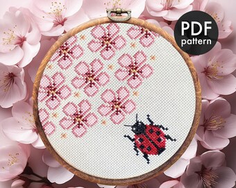 Ladybug and Cherry Blossom, Cross Stitch, PDF Pattern, Modern