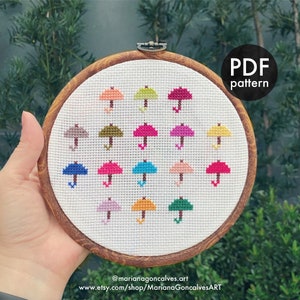 Umbrellas, Cross Stitch, PDF Pattern, Cute, Mini, Tiny, Easy, Beginner, Modern, Rain, Rainy, Colorful, Lovely, Adorable, Handmade Gift