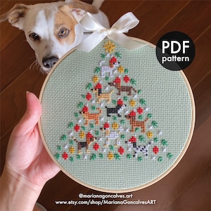 Arbre de Noël pour chiots, point de croix, modèle PDF, facile, débutant, chien, animal de compagnie, vacances, moderne, mignon, drôle, adorable, charmant, cadeau fait à la main