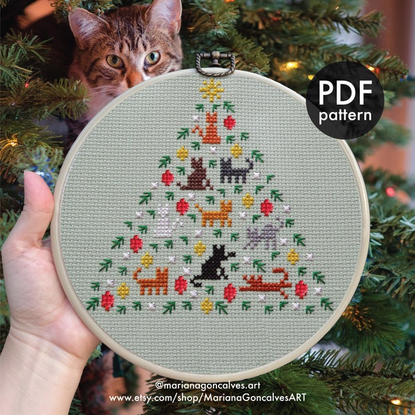 Cat Christmas Tree, Cross Stitch, PDF Pattern, Easy, Beginner, Kitten, Pet, Holiday, Modern, Cute, Funny, Adorable, Lovely, Handmade Gift