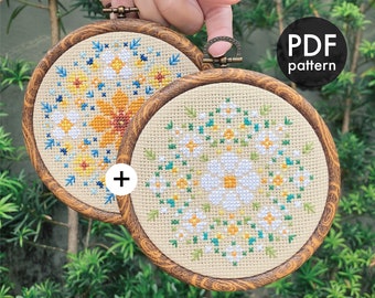 Set of 2 Cross Stitch PDF Patterns, White Daisy, Daisies, Mini Mandala, Modern, Beginner, Easy, Small, Cute, Ornament, Spring, Handmade Gift