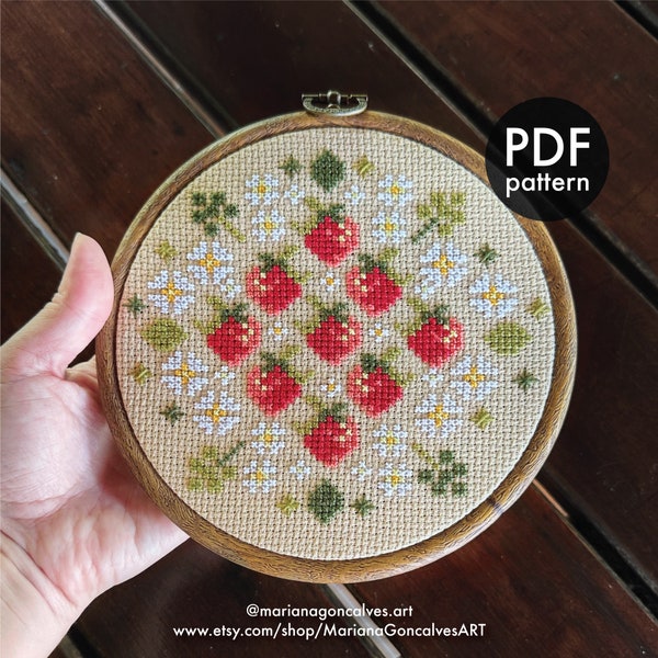 Strawberry Mandala, Cross Stitch, PDF Pattern, White Daisy, Modern, Easy, Beginner, Simple, Mini, Small, Geometric