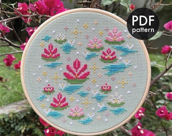 Näckrosdamm, Korsstygn, PDF-mönster, Modern, Enkel, Nybörjare, Liten, Blomma, Natur, Blommor, Monet, Konst