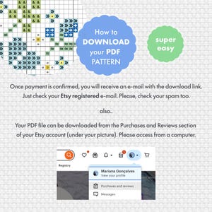 Peut inclure: Image explicative pour t&eacute;l&eacute;charger un patron PDF sur Etsy. Un texte dans une bulle bleue indique "How to DOWNLOAD your PDF PATTERN", et une bulle verte dit "super easy". L'image montre &eacute;galement une capture d'&eacute;cran d'un compte Etsy.