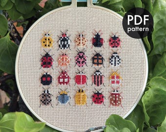 Coccinelles, Echantillon, Moderne, Point de croix, Modèle PDF, Facile, Débutant, Petit, Nature, Insectes, Géométrique, Biologie