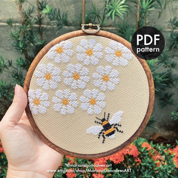 Abeilles et marguerites, Point de croix, Modèle PDF, Moderne, Facile, Débutant, Simple, Mini, Petit, Printemps, Nature, Fleurs