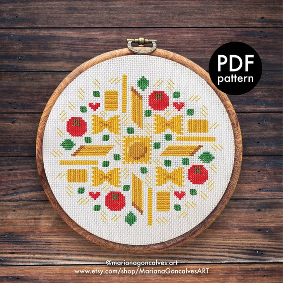Pasta, Cross Stitch, PDF Pattern, Mini, Easy, Modern, Kitchen, Decor,  Italy, Italian, Food, Tomato, Macaroni, Ravioli, Penne, Spaghetti 