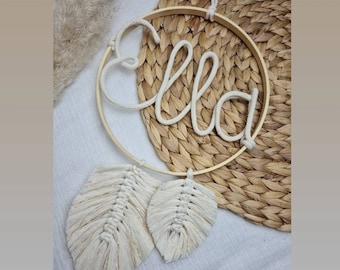 Nombre Anillo Boho Atrapasueños con Nombre, Placa de Identificación Habitación Infantil Puerta Signo Bebé Nacimiento Recién Nacido Macramé 20 cm