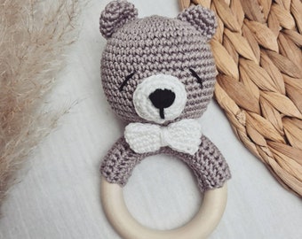 Sonajero de oso de ganchillo, juguete de agarre hecho a mano con sonajero
