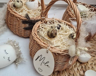 Cesta de Pascua personalizada con flores secas, con nombre, bolsa de yute, Pascua, conejito, nido de Pascua con plumas, flores secas - SIN ETIQUETAS