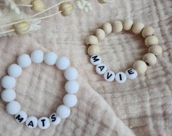 Pulsera para niño/bebé/recién nacido hecha de acrílico, cuentas de madera personalizadas con nombre, nacimiento, bautismo, sesión de bebé, madera, cuentas