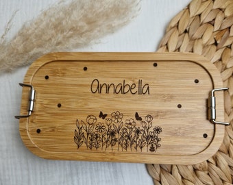 Fiambrera para niños 1100 ml personalizada con nombre / fiambrera de madera bambú y acero inoxidable