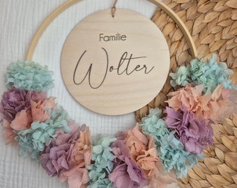 Corona de flores secas personalizada Bienvenido | Decoración de pared | Corona bohemia con nombre, nombre de hierba de la pampa