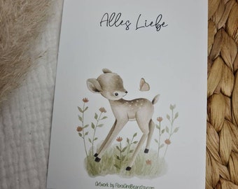Postal de cumpleaños, nacimiento, tarjeta, bebé en estilo boho con ciervos