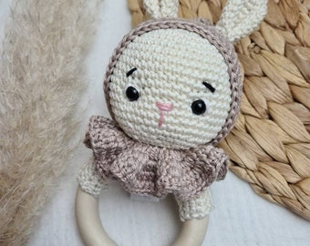 Sonajero de conejo para bebés, regalos para el nacimiento, ganchillo para recién nacidos, hecho a mano