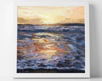 Sunset Beach Painting canvas print | ocean waves coastal water acrylic painting fine art square giclee print vacation lake home wall decor