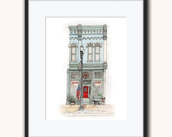 Antique Building Watercolor Painting Historic Small Town Art Print Lowell Michigan Urban Sketch Artwork