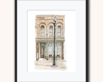 Coffee Shop Watercolor Painting Historic Small Town Art Print Lowell Michigan Urban Sketch Artwork