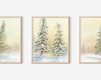 Set of 3 Evergreen Tree Watercolor Art Prints - Christmas tree painting watercolor forest art for holidays winter snow landscape artwork