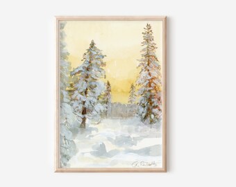 Watercolor Print evergreen tree snowy winter art peaceful watercolor painting holiday wall decor Christmas trees forest giclee print