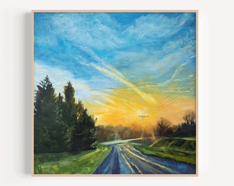 Country Road landscape art print | scenic street sunset painting square canvas acrylic painted rural artist print home wall art colorful