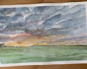 Original Watercolor Painting of clouds over a field | colorful sunset cloudy sky open landscape painting relaxing fine art paintings