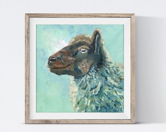 Sheep art print | farm animal artwork giclee sheep painting canvas print blue animal nursery art for baby boys bedroom lamb picture