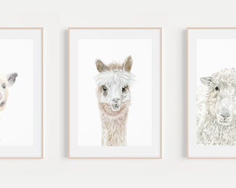 Set of 3 Watercolor Animal Nursery Art Prints for Baby Boy Nursery or Baby Girl watercolor farm animals painting Alpaca Pig Sheep artwork