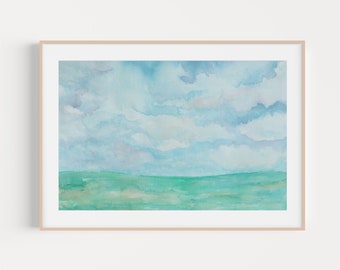 Watercolor Clouds fine art giclee print | blue cloudy sky landscape painting prairie grassy meadow relaxing office wall decor