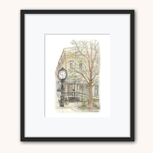 May include: A watercolor painting of a building with a clock tower and a tree in front of it. The building is yellow and has a brown roof. The clock tower is black and has a white clock face. The tree is green and has brown branches. The painting is done in a realistic style.