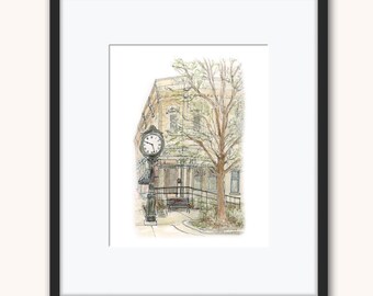 Clock Building Watercolor Painting Historic Small Town Art Print Lowell Michigan Urban Sketch Artwork